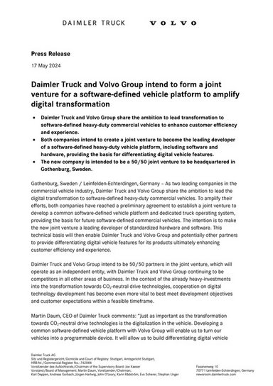Daimler Truck and Volvo Group intend to form a joint venture for a software-defined vehicle platform to amplify digital transformation