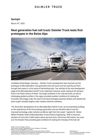 Next generation fuel cell truck: Daimler Truck tests first prototypes in the Swiss Alps