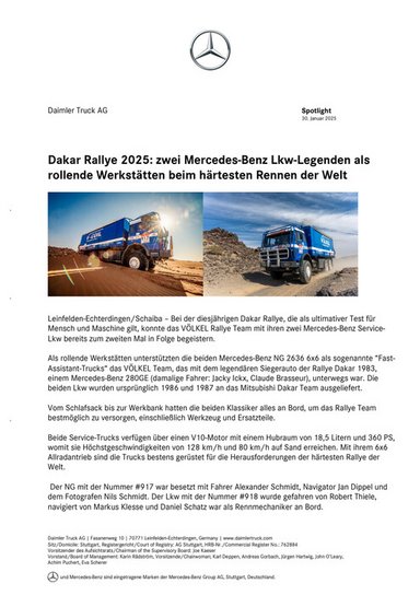 Dakar Rallye 2025: zwei Mercedes-Benz Lkw-Legenden als rollende Werkstätten beim härtesten Rennen der Welt