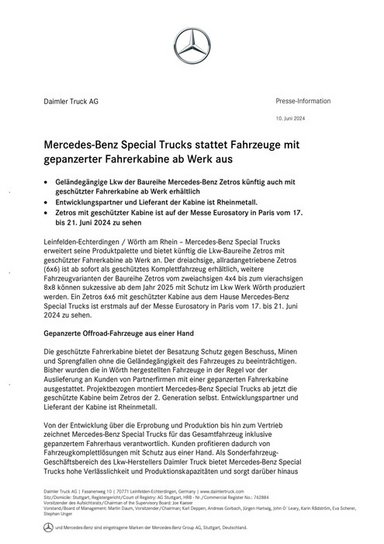 Mercedes-Benz Special Trucks stattet Fahrzeuge mit gepanzerter Fahrerkabine ab Werk aus