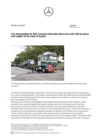 Two heavyweights for Bolk Transport: Mercedes-Benz Arocs with 250-ton gross train weight on the roads of Europe