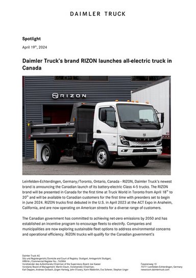 Daimler Truck’s brand RIZON launches all-electric truck in Canada
