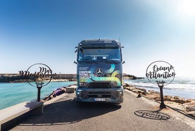 All-electric through Europe: eActros 600 test trucks reach southernmost checkpoint of Tarifa 
