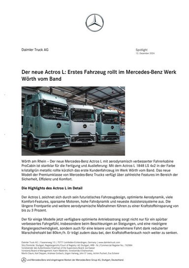 Der neue Actros L: Erstes Fahrzeug rollt im Mercedes-Benz Werk Wörth vom Band