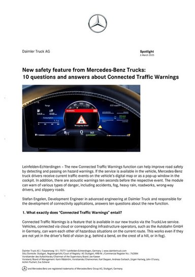 New safety feature from Mercedes-Benz Trucks: 10 questions and answers about Connected Traffic Warnings