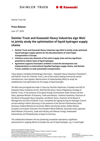 Daimler Truck and Kawasaki Heavy Industries sign MoU to jointly study the optimization of liquid hydrogen supply chains