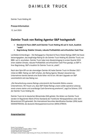 Daimler Truck von Rating Agentur S&P hochgestuft