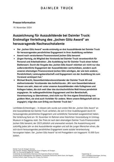 Auszeichnung für Auszubildende bei Daimler Truck: Erstmalige Verleihung des „Jochen Götz Award“ an herausragende Nachwuchstalente