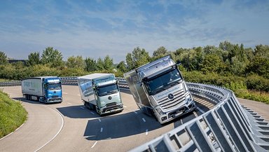 The battery-electric Mercedes-Benz eActros 600 long-haul truck, the new Actros L with ProCabin and the Mercedes-Benz GenH2 Truck