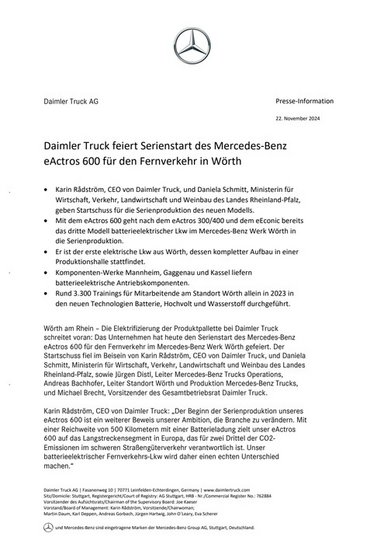 Daimler Truck feiert Serienstart des Mercedes-Benz eActros 600 für den Fernverkehr in Wörth