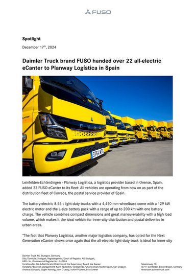 Daimler Truck brand FUSO handed over 22 all-electric eCanter to Planway Logística in Spain