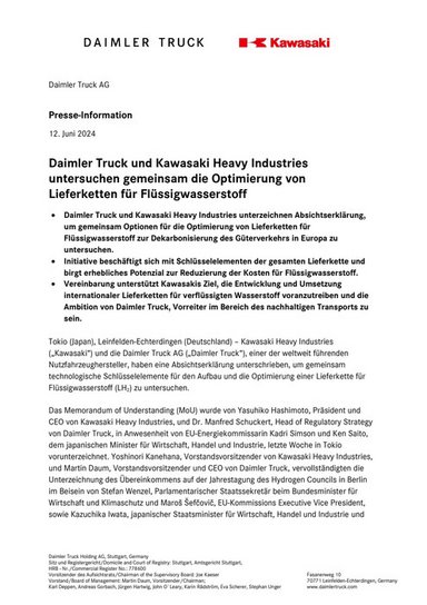 Daimler Truck und Kawasaki Heavy Industries untersuchen gemeinsam die Optimierung von Lieferketten für Flüssigwasserstoff