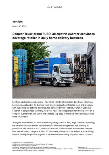 Daimler Truck brand FUSO: all-electric eCanter convinces beverage retailer in daily home-delivery business