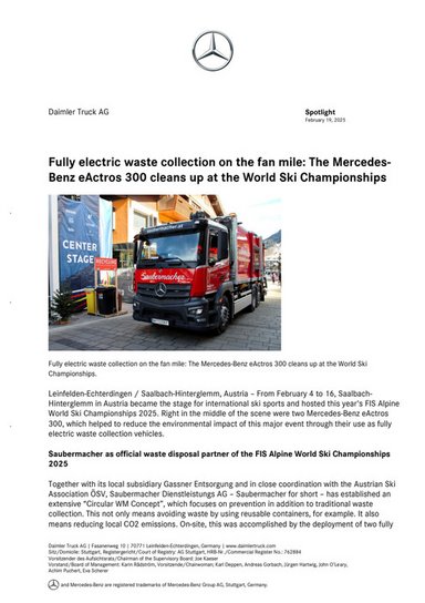 Fully electric waste collection on the fan mile: The Mercedes-Benz eActros 300 cleans up at the World Ski Championships