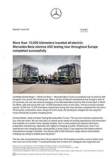 More than 15,000 kilometers traveled all-electric:  Mercedes-Benz eActros 600 testing tour throughout Europe completed successfully