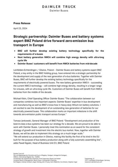 Strategic partnership: Daimler Buses and battery systems expert BMZ Poland drive forward zero-emission bus transport in Europe