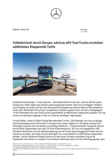 Vollelektrisch durch Europa: eActros 600 Test-Trucks erreichen südlichstes Etappenziel Tarifa