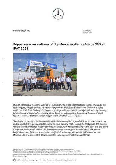 Pöppel accepts delivery of the Mercedes-Benz eActros 300 at IFAT 2024