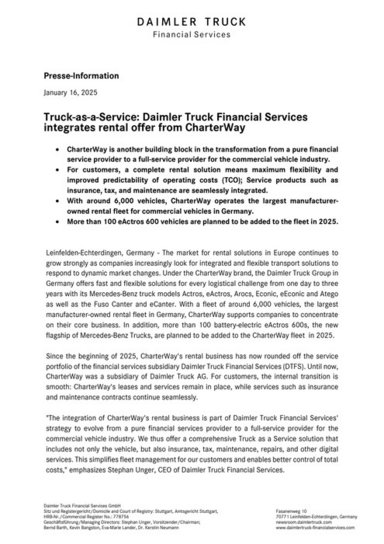 Truck-as-a-Service: Daimler Truck Financial Services integrates rental offer from CharterWay