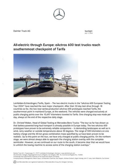 All-electric through Europe: eActros 600 test trucks reach southernmost checkpoint of Tarifa