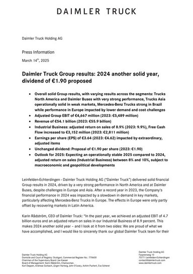 Daimler Truck Group results: 2024 another solid year, dividend of €1.90 proposed