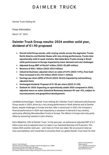 Daimler Truck Group results: 2024 another solid year, dividend of €1.90 proposed