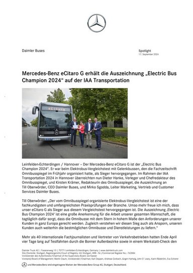 Mercedes-Benz eCitaro G erhält die Auszeichnung „Electric Bus Champion 2024“ auf der IAA Transportation