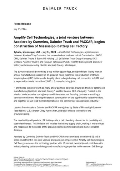 Amplify Cell Technologies, a joint venture between Accelera by Cummins, Daimler Truck and PACCAR, begins construction of Mississippi battery cell factory