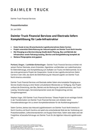 Daimler Truck Financial Services und Electrada liefern Komplettlösung für Lade-Infrastruktur
