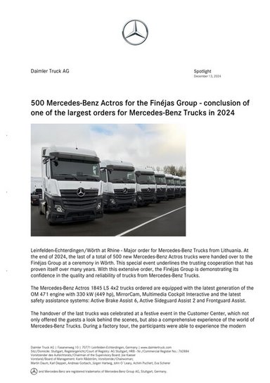 500 Mercedes-Benz Actros for the Finéjas Group - conclusion of one of the largest orders for Mercedes-Benz Trucks in 2024