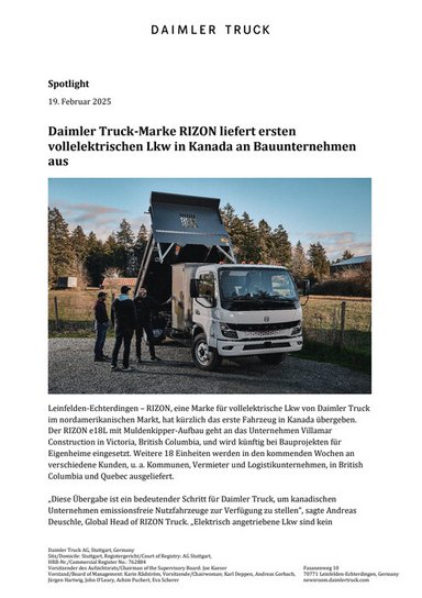 Daimler Truck-Marke RIZON liefert ersten vollelektrischen Lkw in Kanada an Bauunternehmen aus