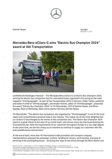 Mercedes-Benz eCitaro G wins “Electric Bus Champion 2024” award at IAA Transportation