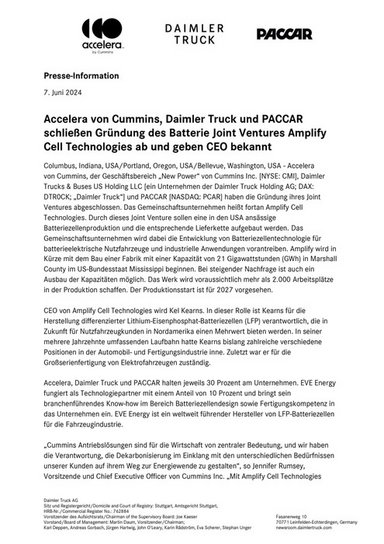 Accelera von Cummins, Daimler Truck und PACCAR schließen Gründung des Batterie Joint Ventures Amplify Cell Technologies ab und geben CEO bekannt