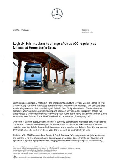 Logistik Schmitt plans to charge eActros 600 regularly at Milence at Hermsdorfer Kreuz