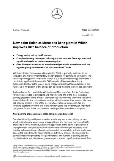 New paint finish at Mercedes-Benz plant in Wörth improves CO2 balance of production