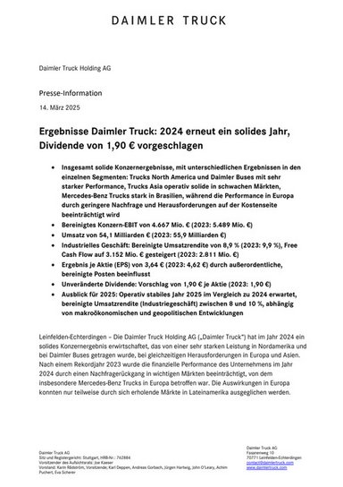 Ergebnisse Daimler Truck: 2024 erneut ein solides Jahr, Dividende von 1,90 € vorgeschlagen