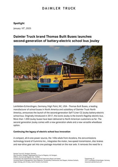 Daimler Truck brand Thomas Built Buses launches second-generation of battery-electric school bus Jouley