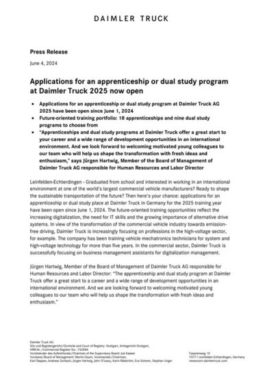 Applications for an apprenticeship or dual study program at Daimler Truck 2025 now open