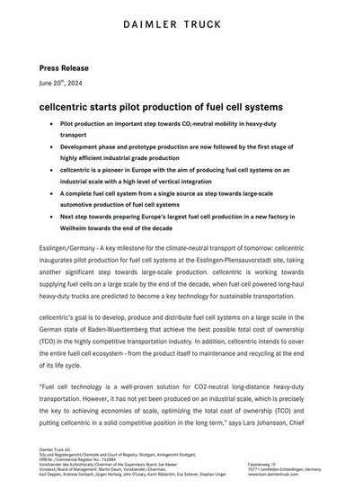 cellcentric starts pilot production of fuel cell systems