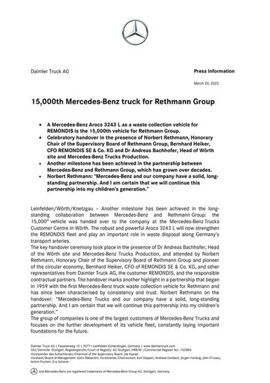 15,000th Mercedes-Benz truck for Rethmann Group