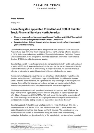 Kevin Bangston appointed President and CEO of Daimler Truck Financial Services North America