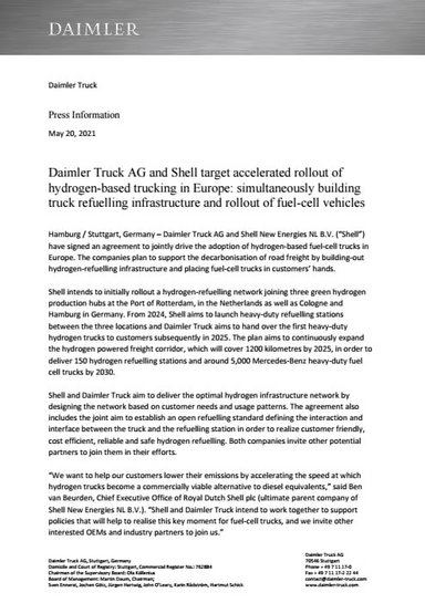 Daimler Truck AG and Shell target accelerated rollout of hydrogen-based trucking in Europe: simultaneously building  truck refuelling infrastructure and rollout of fuel-cell vehicles