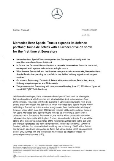 Mercedes-Benz Special Trucks expands its defence portfolio: four-axle Zetros with all-wheel drive on show for the first time at Eurosatory