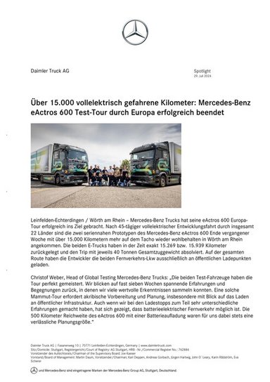 Über 15.000 vollelektrisch gefahrene Kilometer: Mercedes-Benz eActros 600 Test-Tour durch Europa erfolgreich beendet