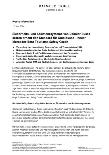 Sicherheits-und Assistenzsysteme von Daimler Buses setzen erneut den Standard für Omnibusse – neuer Mercedes-Benz Tourismo Safety Coach
