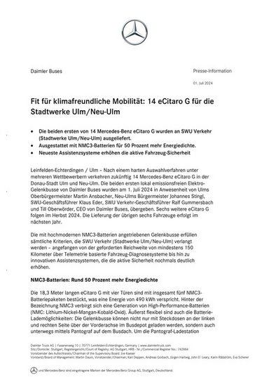 Fit für klimafreundliche Mobilität: 14 eCitaro G für die Stadtwerke Ulm/Neu-Ulm