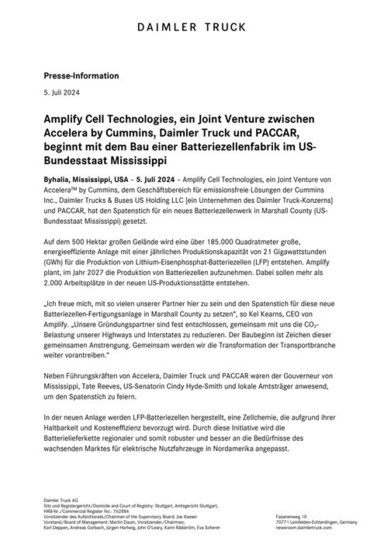 Amplify Cell Technologies, ein Joint Venture zwischen Accelera by Cummins, Daimler Truck und PACCAR, beginnt mit dem Bau einer Batteriezellenfabrik im US-Bundesstaat Mississippi