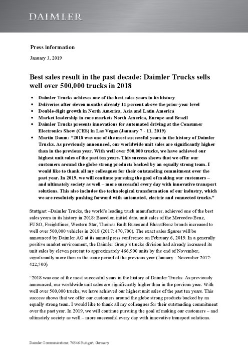 Best sales result in the past decade: Daimler Trucks sells well over 500,000 trucks in 2018