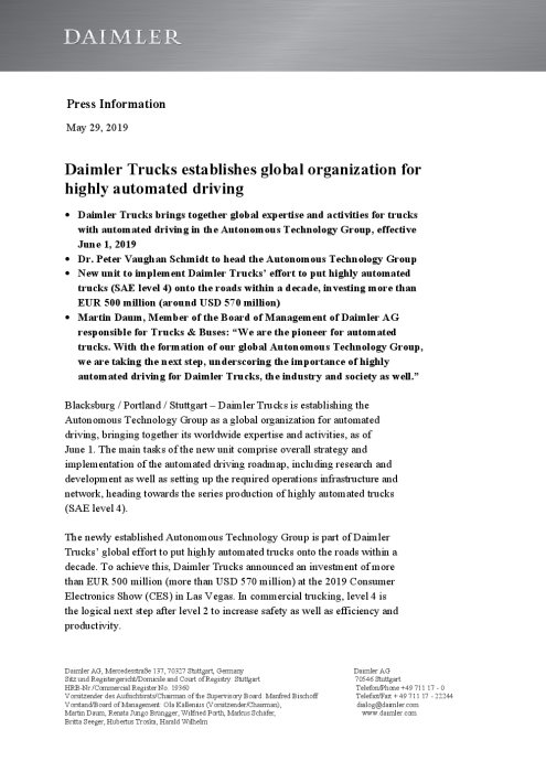 Daimler Trucks establishes global organization for highly automated driving