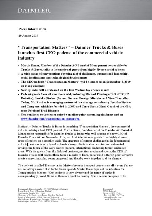 "Transportation Matters" – Daimler Trucks & Buses launches first CEO podcast of the commercial vehicle industry